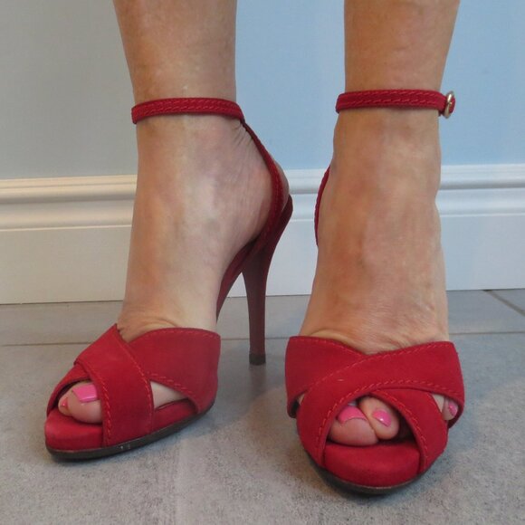 SAINT LAURENT Red Ankle Strap High Heel Sandals - Picture 1 of 9